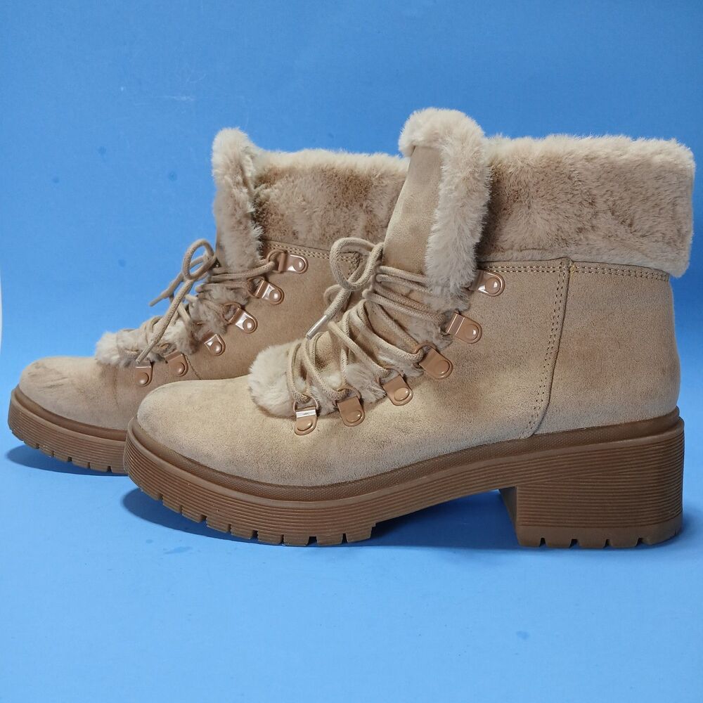 A New Day Tan Suede Faux Fur Lined Ankle Boots, Size 9M, Chunky Rubber Heel/Sole